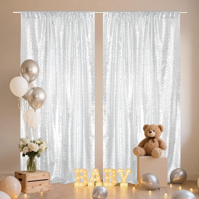SquarePie Sequin Backdrop Curtain 8FT x 10FT Silver Satin Backing Fabric - Image 4