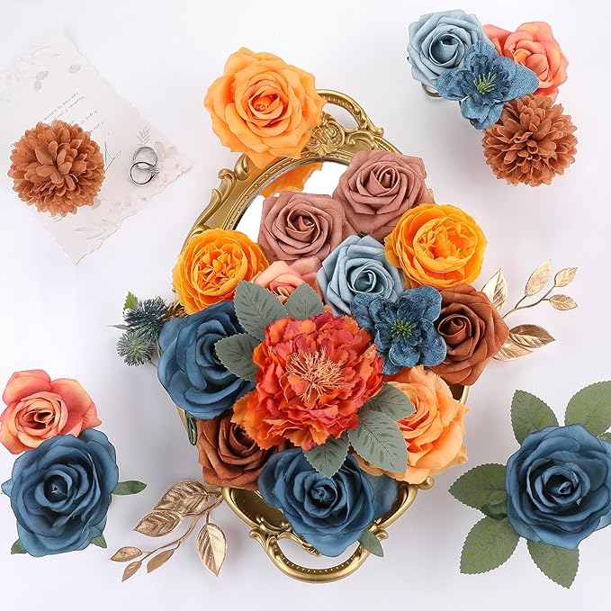 AmyHomie Teal Orange Artificial Flowers Combo Silk Mix Peony Rose Fake Flowers - Image 2