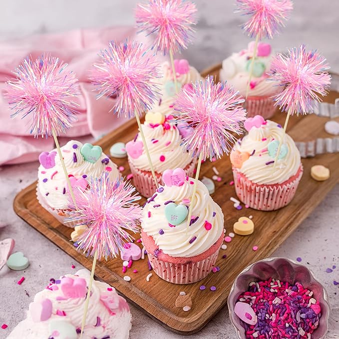 Ephlyn 30Pcs Foil Firework Cupcake Toppers Sparkle Tinsel Cupcake Picks Happy - Image 6