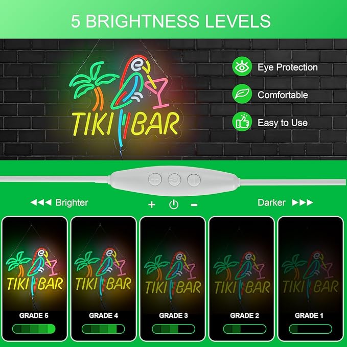 Tiki Bar Neon Sign for Wall Décor Dimmable LED Parrot Palm Tree Cocktails Signs - Image 2