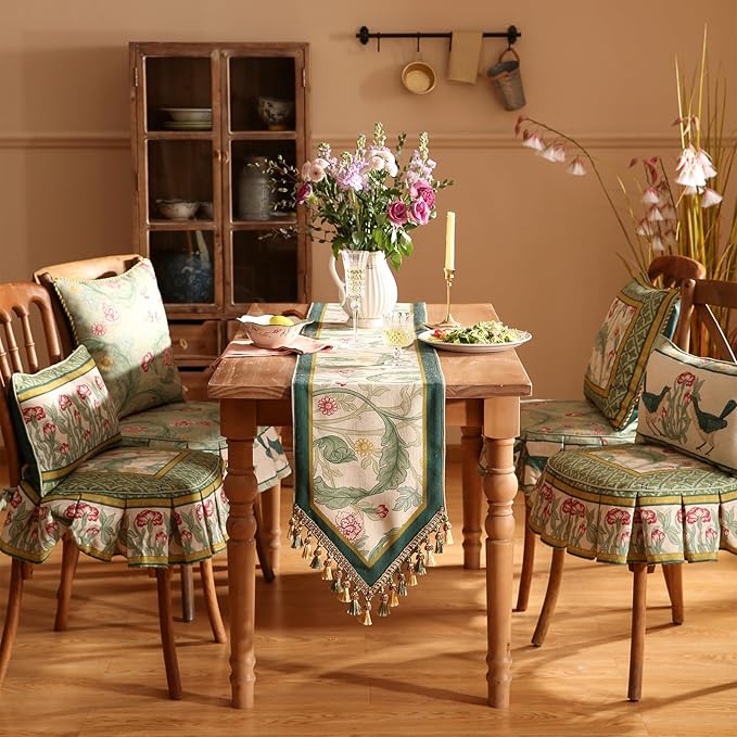 patdrea Designer Green Floral Table Runner, French Elegant Vibrant Rustic Linen - Image 2