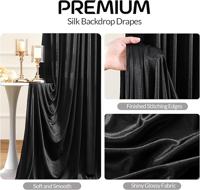 Black Satin Backdrop Curtains 2 Panels - Image 2