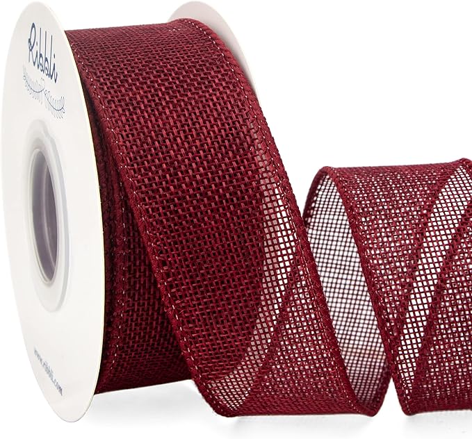 Ribbli Burgundy Burlap Wired Ribbon, 1-1/2 Inch x 10 Yard, Wired Edge Ribbon by Ribbli