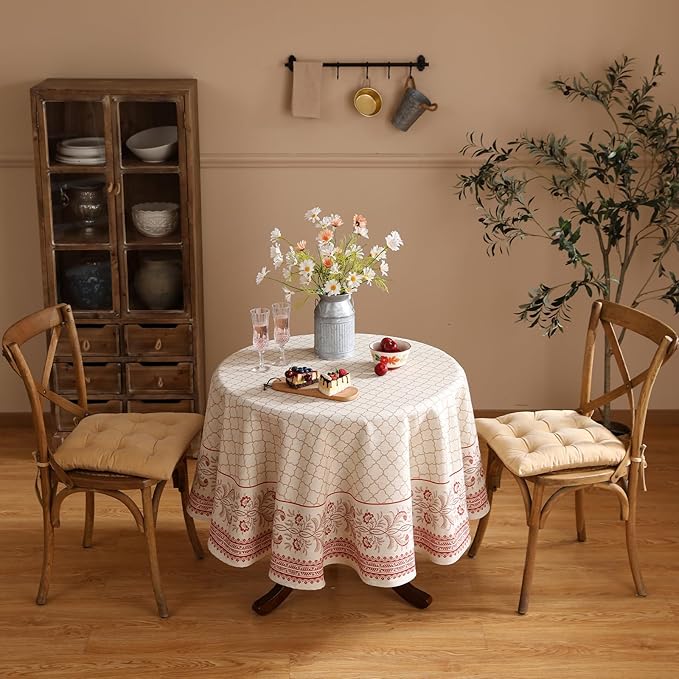 ISAENNE Designer Linen Floral Round Tablecloth, Pale Yellow Elegant Farmhouse - Image 3