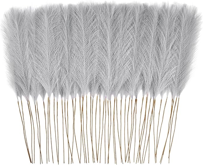 50pcs Faux Pampas Grass Grey, 21.6" Short Artificial Pompous Grass Floral Fake by ObbsieDirect