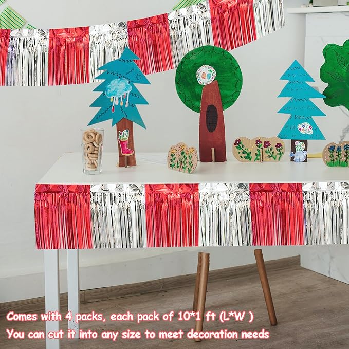 4 Pack 10 Feet Red Silver Foil Fringe Garland Metallic Tinsel Streamers Banner - Image 2