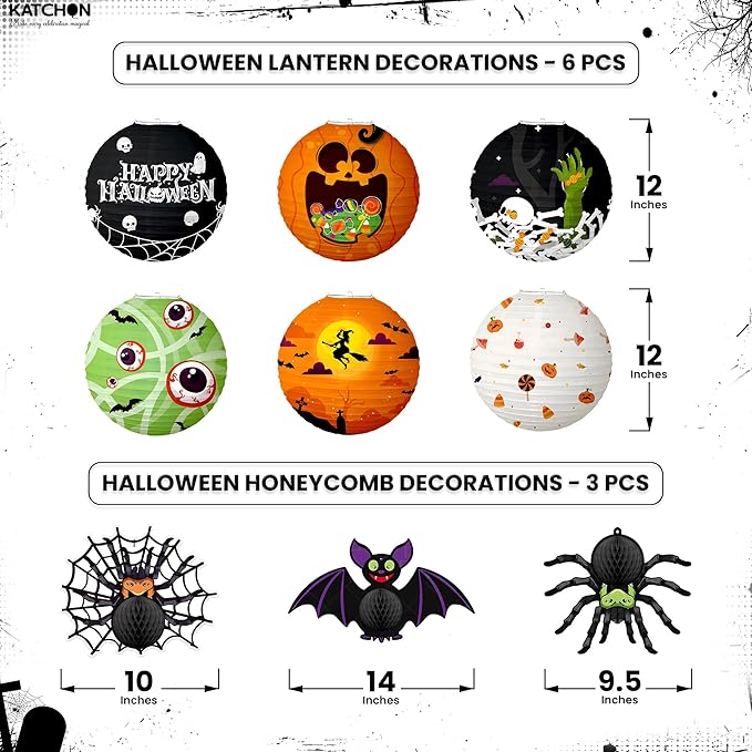 KatchOn, Halloween Paper Lanterns & Honeycomb Set – Pack 9 | Hanging Halloween - Image 2