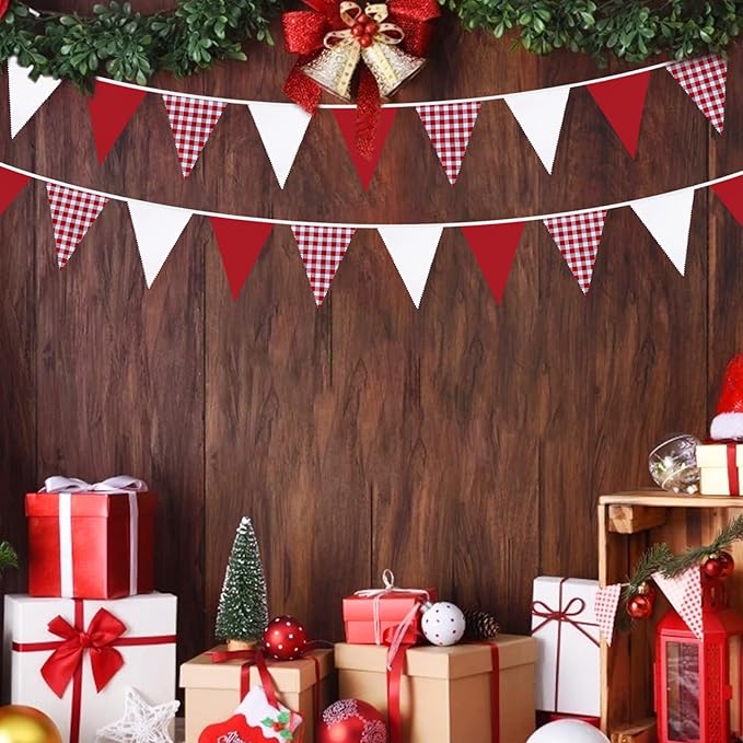 32Ft Red Party Decorations Red Plaid Checkered White Triangle Flag Gingham - Image 8