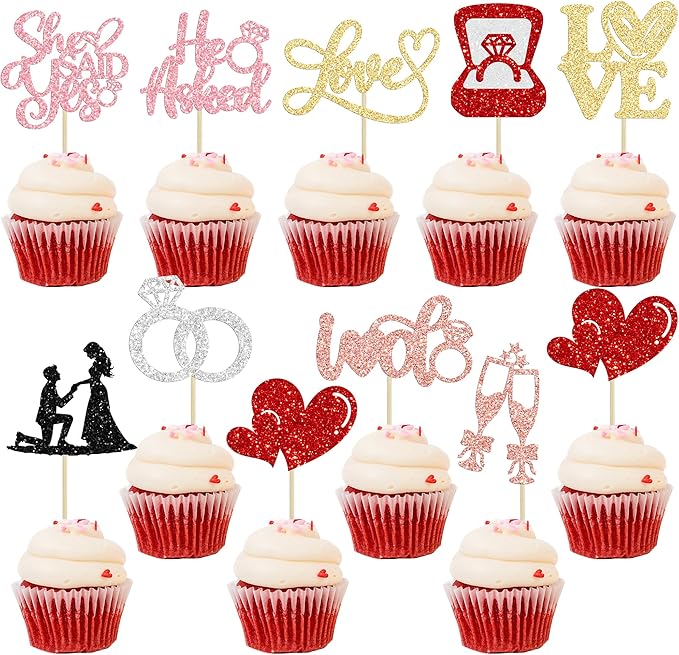 Ephlyn 30Pcs He Asked She Said Yes Cupcake Toppers Glitter Engagement Cupcake by Ephlyn