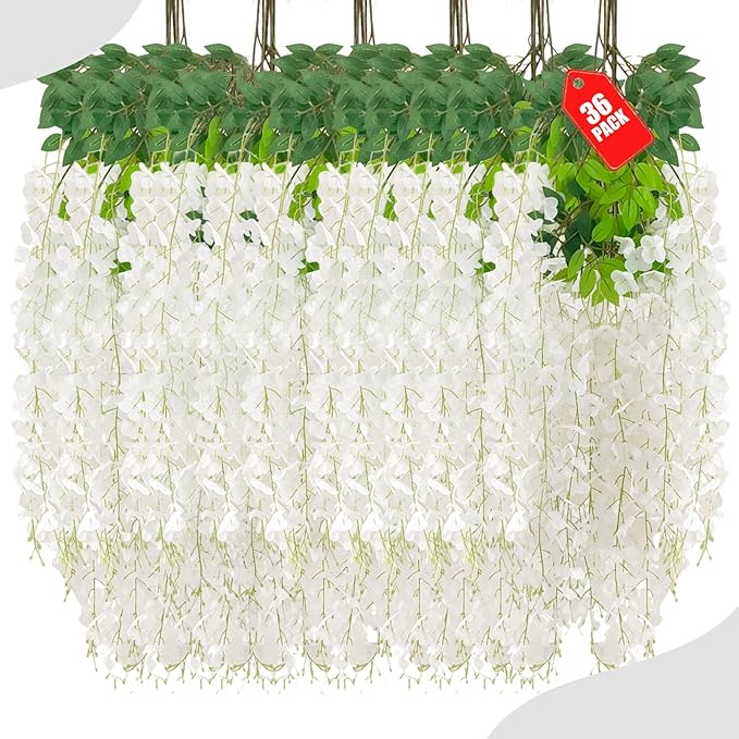 36 Pack White Wisteria Hanging Flowers, 3.44 Ft Fake Hanging Flowers, by ZEBMOON