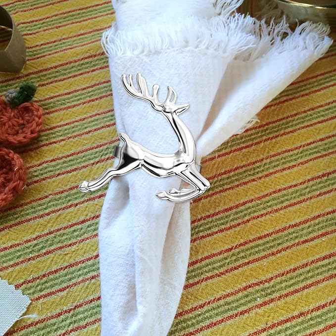 ZeeDix Silver Reindeer Christmas Napkin Rings Set of 12, Napkin Holder Ring - Image 5