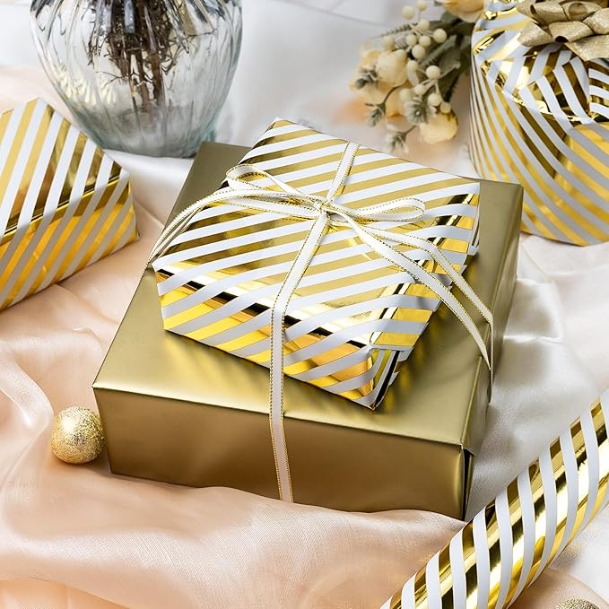 Burymento Platinum Stripe Wrapping Paper, Reversible Gold Gift Wrap - Image 2