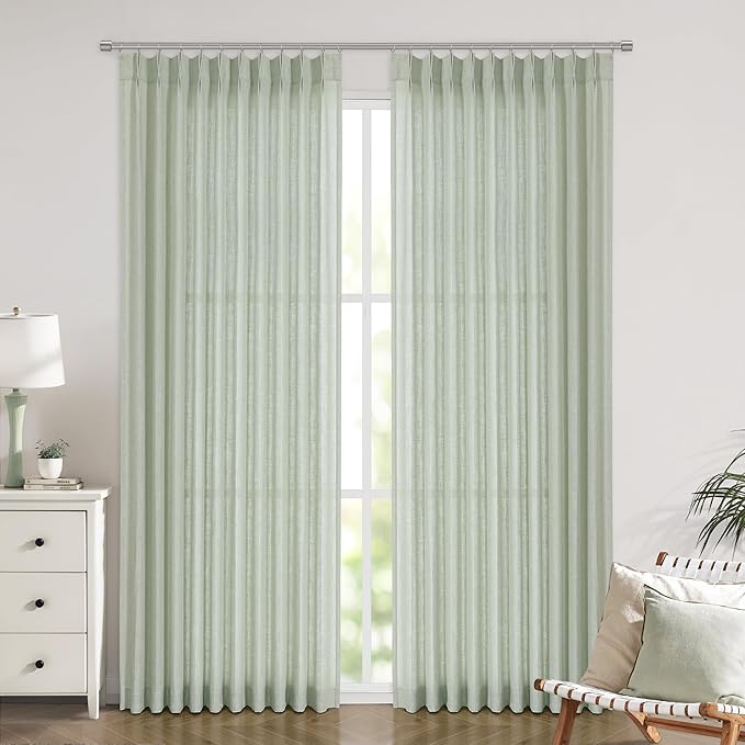 Vision Home Light Green Pinch Pleated Semi Sheer Curtains Textured Linen - Image 2