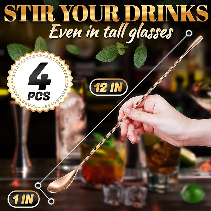 4 Pcs Bar Spoon Cocktail Mixing Spoon Set – Rose Gold Spoons - Image 2