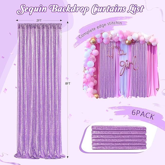 Backdrop Curtains Light Purple Sequin Photo Background Drapes 6 Pieces 2ftx8ft - Image 5