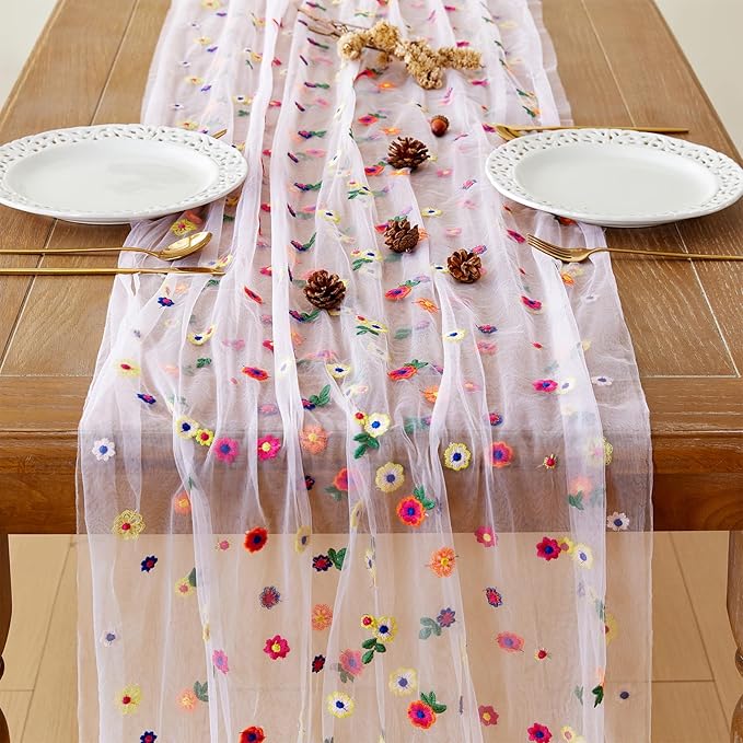 JIALE Pink Floral Table Runner, Embroidery Daisy Seasonal Table Decorations - Image 3