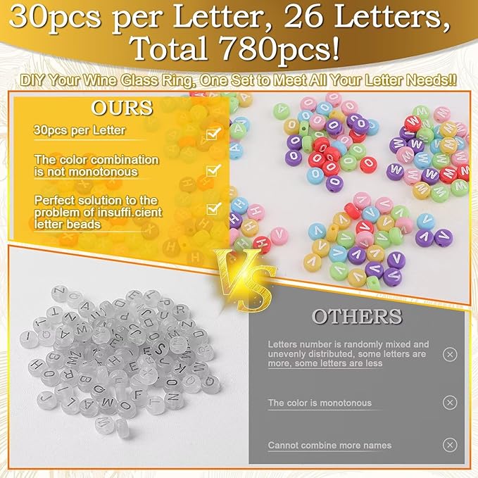 60 Sets DIY Wine Glass Charms – 780 Letter Beads 120 Gold Beads 60 Charm Rings - Image 4