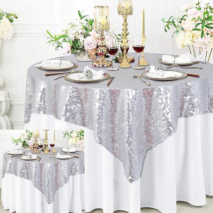 ShinyBeauty 2 Pack 72x72 Inch Silver Sequin Tablecloths by ShinyBeauty
