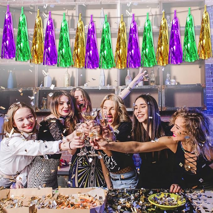 3P Purple Green Gold Foil Fringe Metallic Tassel Streamers Banner Tassel Garland - Image 4