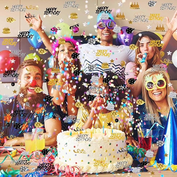 VHUWE Happy Birthday Confetti, 1.6 oz Black Gold Silver Cake Balloon Star - Image 6