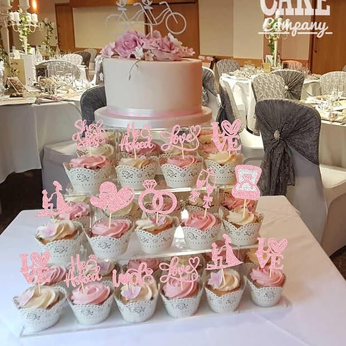 Ephlyn 30Pcs He Asked She Said Yes Cupcake Toppers Glitter Engagement Cupcake - Image 4
