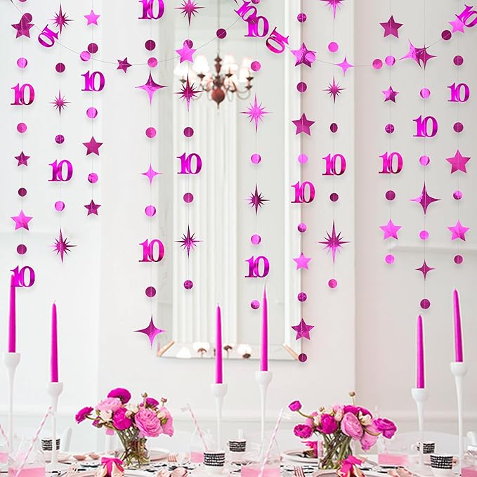 Hot Pink 10th Birthday Decorations Number 10 Circle Dot Twinkle Star Garland - Image 4