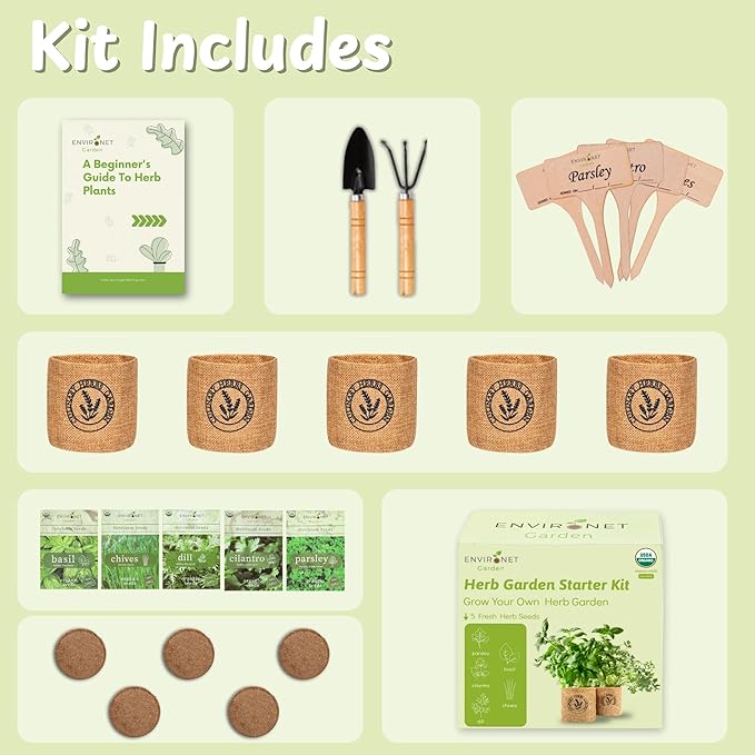 5 Herb Indoor Garden Kit-Burlap Pots, Organic Seeds & Complete Growing Herb - Image 2