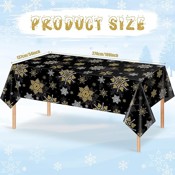 6Pcs Christmas Snowflake Party Tablecloths Decorations, Plastic Black and Gold - Image 2