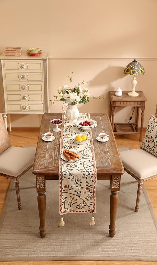 ISAENNE Designer Elegant Linen Floral Table Runner 87 Inches Long, Farmhouse - Image 8