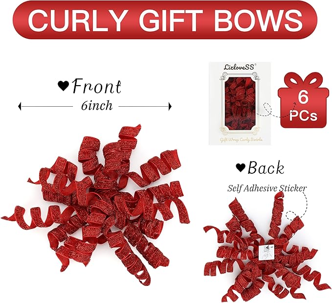 6" Metallic Glitter Red Self Adhesive Curly Ribbon Gift Wrap Bows - Image 2