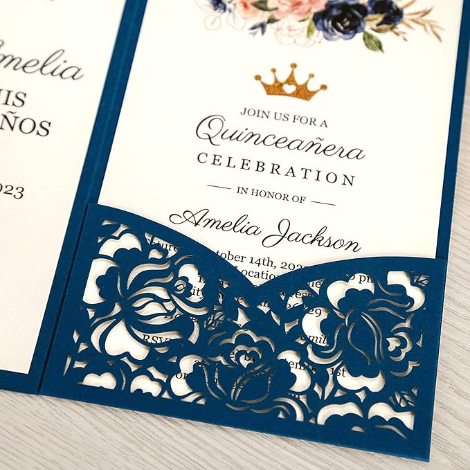 DORIS HOME 50pcs Laser Cut Quinceanera Invitations Blue, 4.7x7.1 Personalized - Image 6