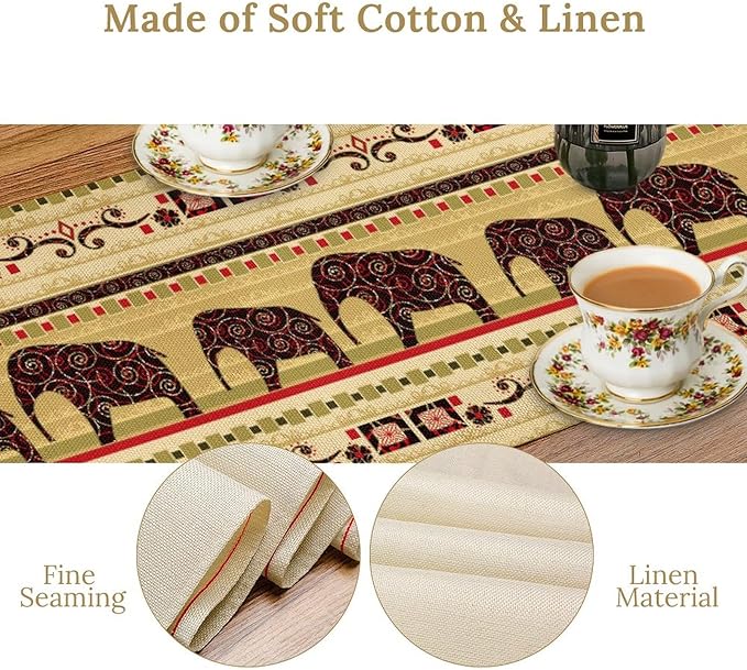 Boho Elephant Table Runner, Vintage Tribal Traditional Bohemian African Animals - Image 5