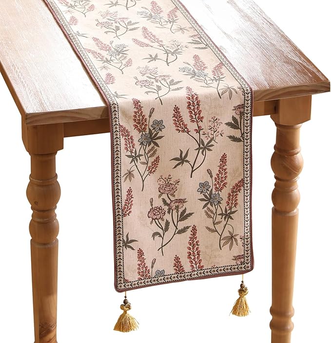 ISAENNE Designer Light Beige Linen Table Runner 71 Inches Long, Vintage Floral by Isaennehomedecoration