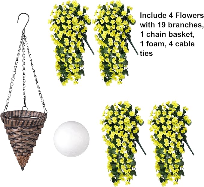 HyeFlora Artificial Fake Hanging Outdoor Flowers Plants Basket, Faux Silk - Image 5