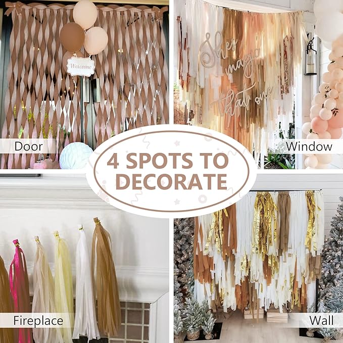 PartyWoo Brown Crepe Paper Streamers 4pcs 328ft Pack of Boho Neutral Sand White - Image 5
