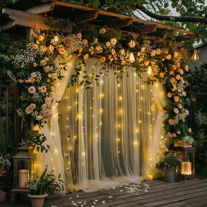 Tulle Backdrop Curtain with Lights String 30 X 10FT Champagne Sheer Tulle - Image 7