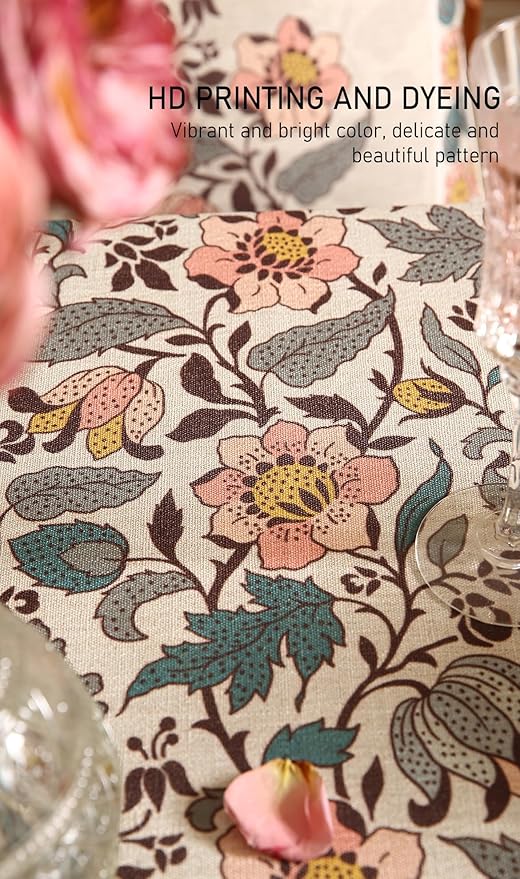 ISAENNE Designer Boho Floral Round Tablecloth, Linen Lotus Flower Pattern - Image 4