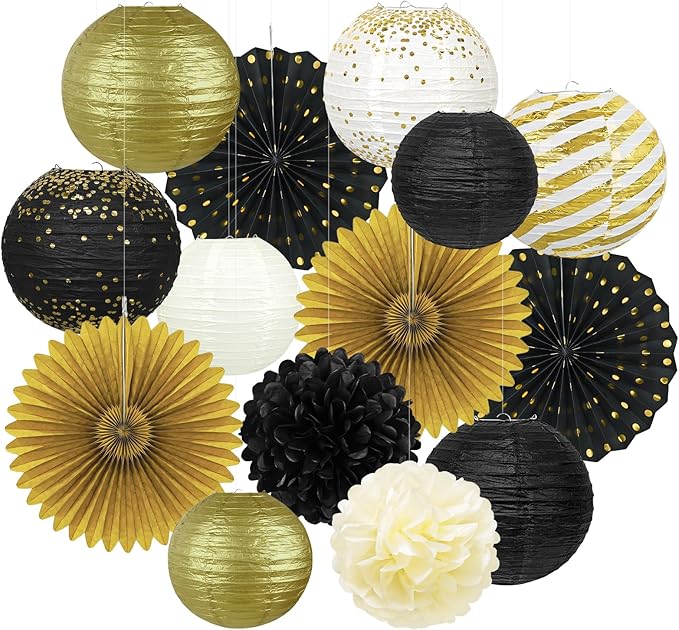 14Pcs Black and Gold Party Decorations, Hanging Paper Lanterns Fans Tissue by Peywot