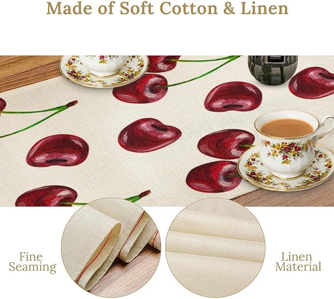 Red Cherry Table Runner Watercolor Spring Summer Wild Berry Tropical Fruit - Image 5