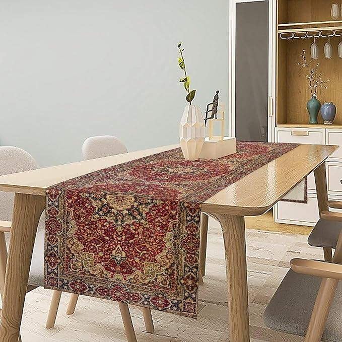 Vintage Boho Floral Table Runner, Rustic Country Farmhouse Red Gold Bohemia - Image 3