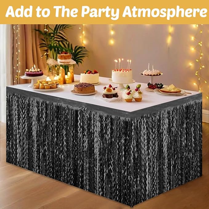 6 Pack 29x108 Inch Black Wave Foil Fringe Table Skirts Metallic Banner - Image 4