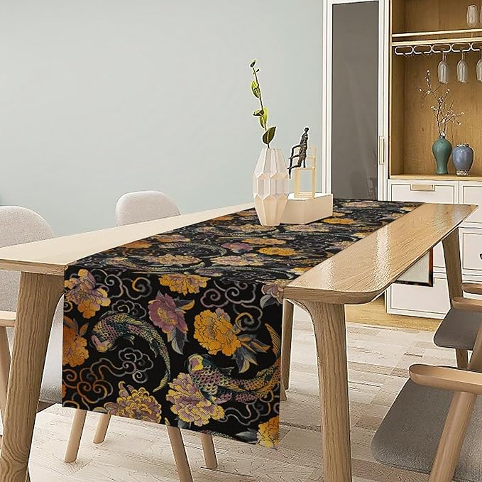 Japanese Table Runner Retro Flowers Oriental Tradition Kio Fish Art Printed - Image 5