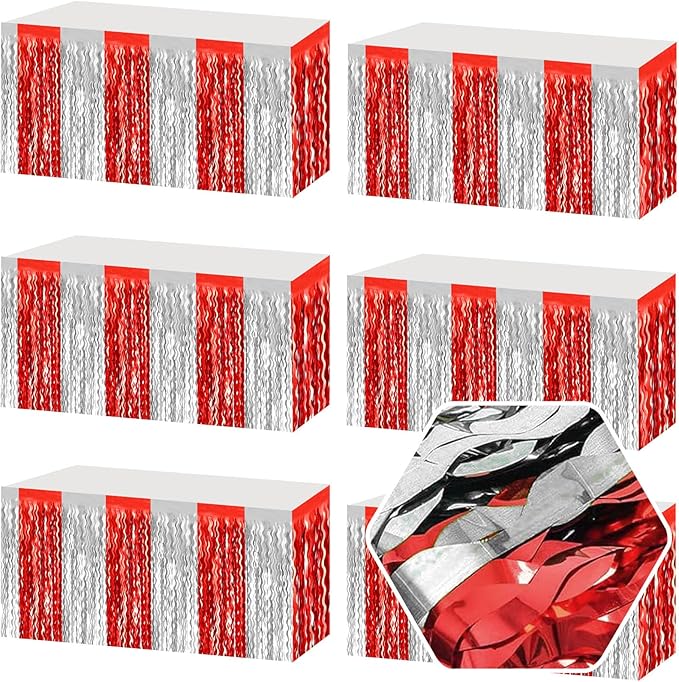 6 Pack 29 x108 Inch Red Silver Wave Foil Fringe Table Skirts Metallic Banner by Ferwzsr