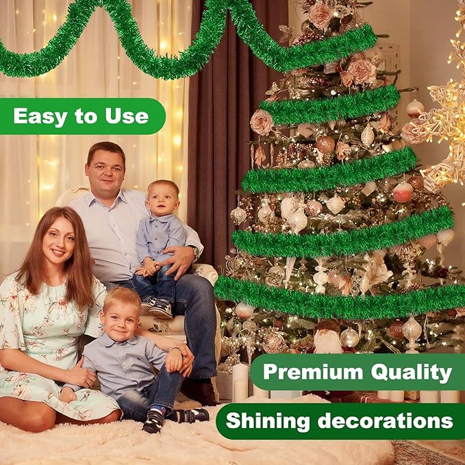 50 Feet Green Christmas Tinsel Garland, Metallic Foil Twist Banner Wall Hanging - Image 4