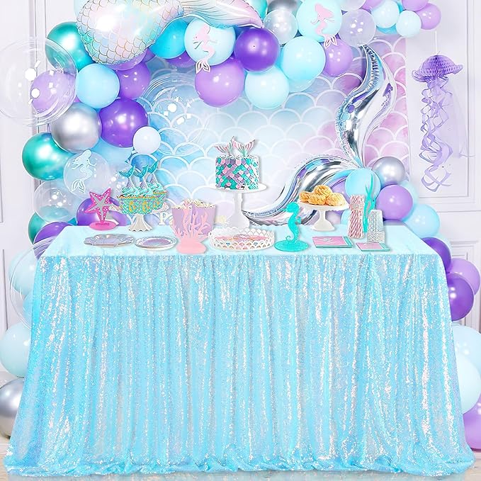 QueenDream Iridescent Tablecloth Blue Sequin Table Cloth Overlay Glitter - Image 2