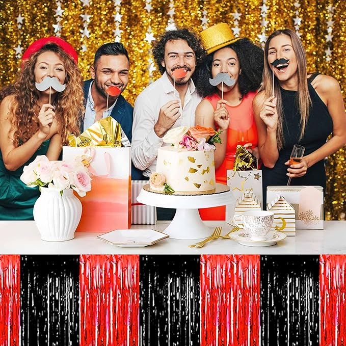 3 Pack 29 x108 Inch Black and Red Foil Fringe Table Skirts Metallic Banner - Image 7