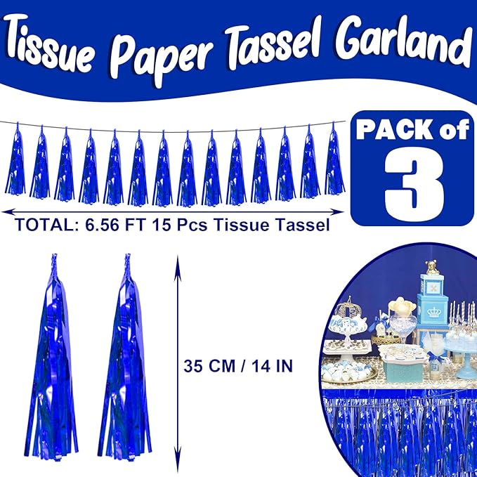 3P Blue Foil Fringe Metallic Tassel Streamers Banner Tassel Garland - Image 2