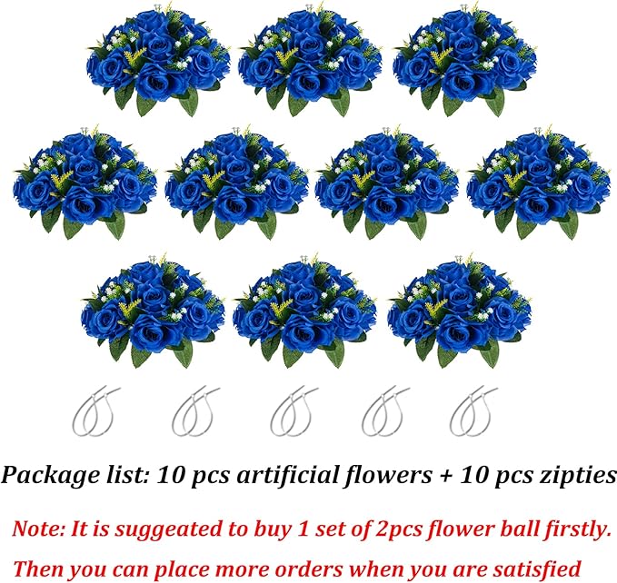 BLOSMON Royal Blue Flowers for Decoration: 10 Pcs Fake Roses Kissing Balls for - Image 6