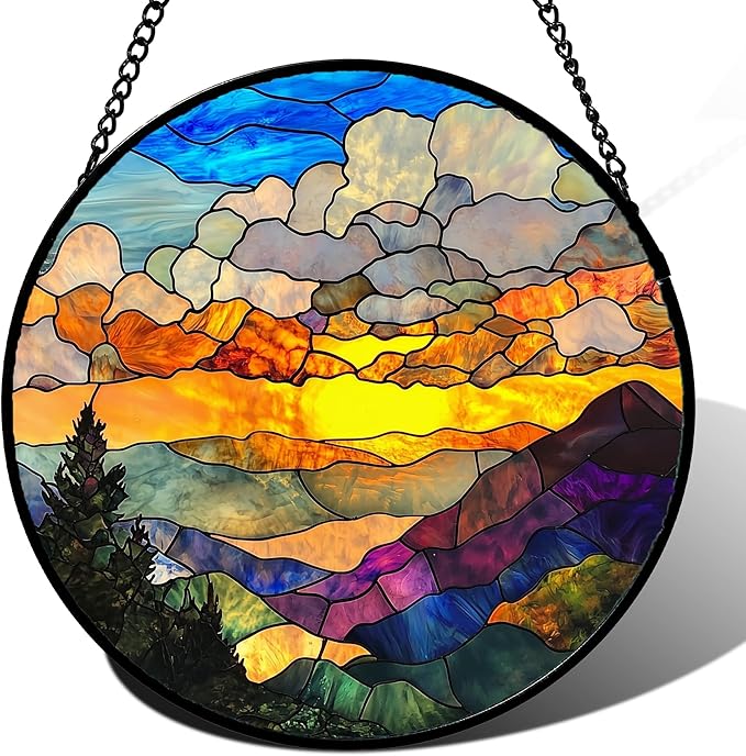 Stained Glass Window Hanging, Abstract Clouds Mountains Landscape Suncatcher by JOSUMALY