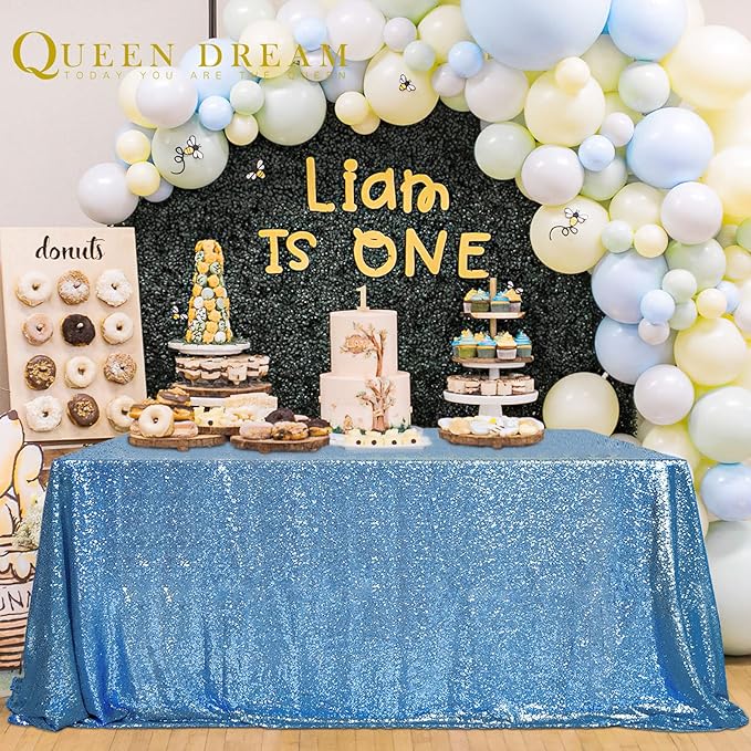 QueenDream Baby Blue Sequin Tablecloth 90x132 Inch Baby Shower Tablecloth - Image 8